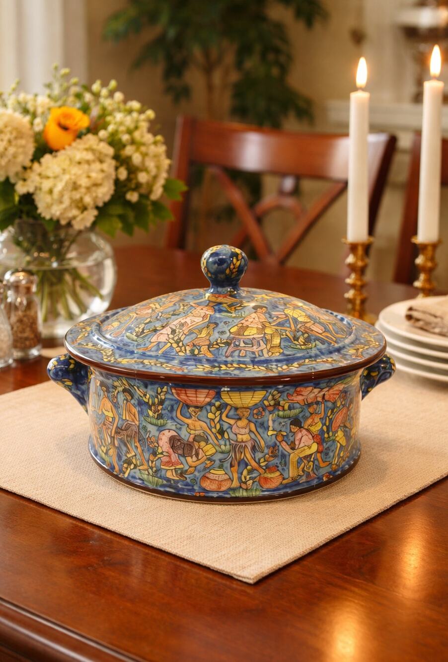 Zimbabwe Hand Painted Covered Casserole Bowl Signed Numbered
